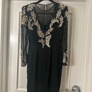 Black and Gold Embellished Bodycon Dress with Plunge Neckline